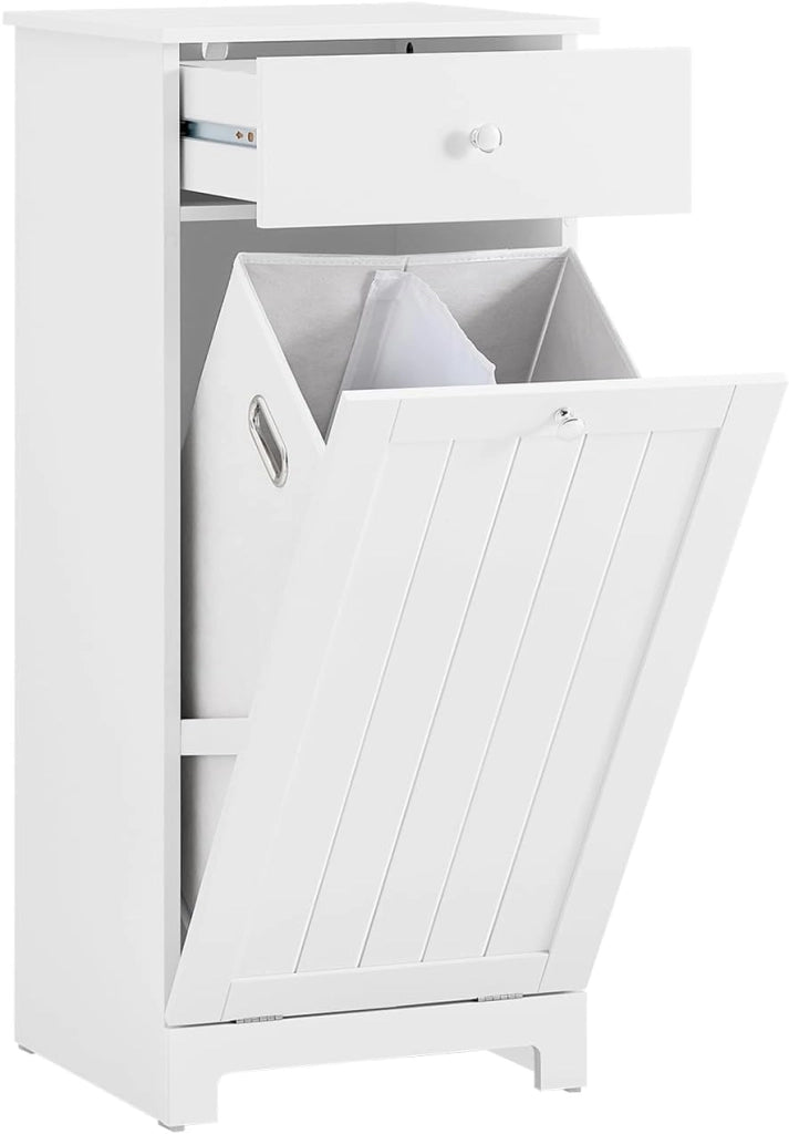 Mobiletto Bagno Salvaspazio con Cassetto e Cesto Portabiancheria Estraibile - Armadietto Stretto Verticale per Bagno Piccolo o Lavanderia - Mobile Bagno in MDF Bianco, L40×P38×H90 cm, BZR21-II-W
