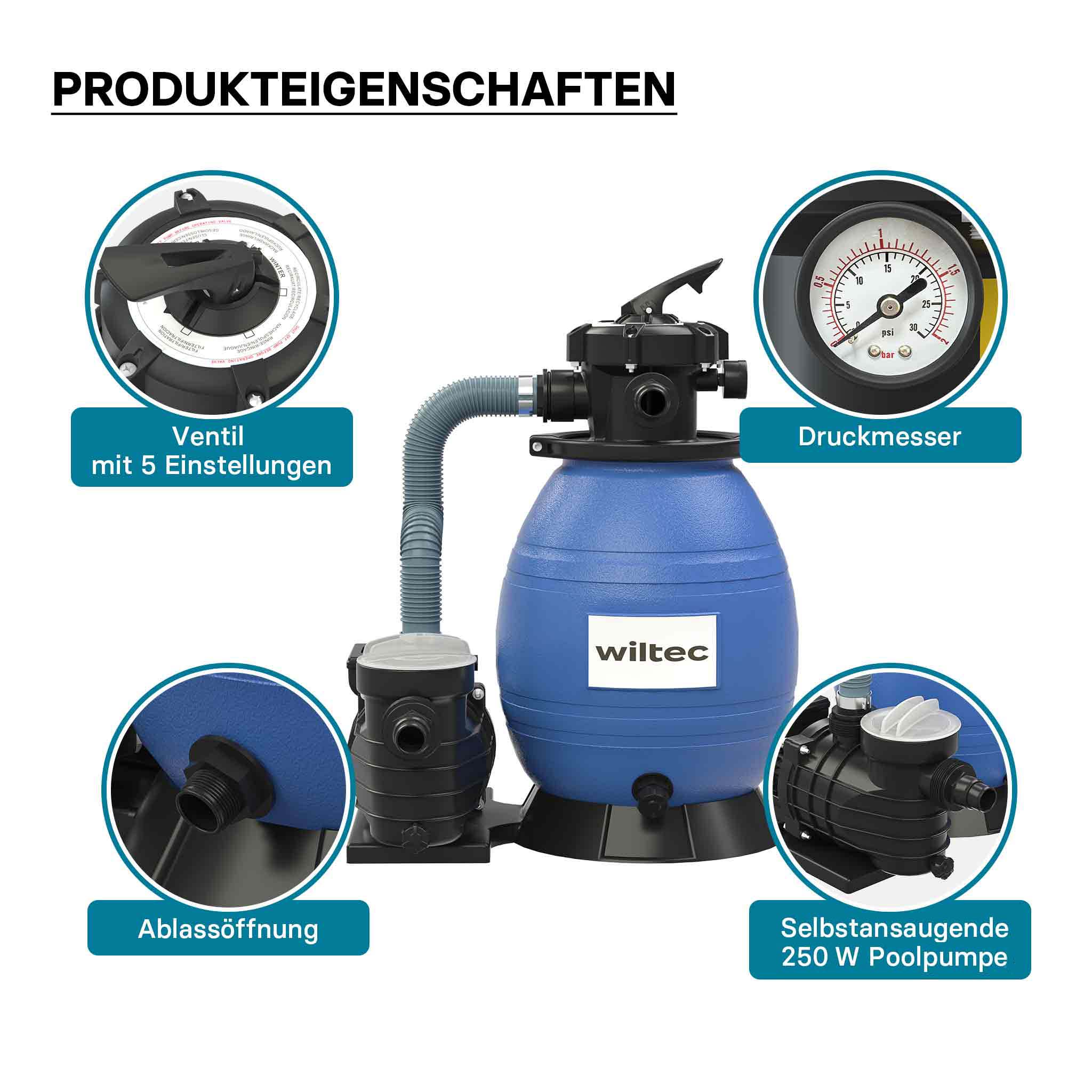 Filtro a sabbia per piscina, 250 W, serbatoio filtrante 26 l, pompa piscina autoadescante 10.000 l/h