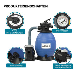 Filtro a sabbia per piscina, 250 W, serbatoio filtrante 26 l, pompa piscina autoadescante 10.000 l/h