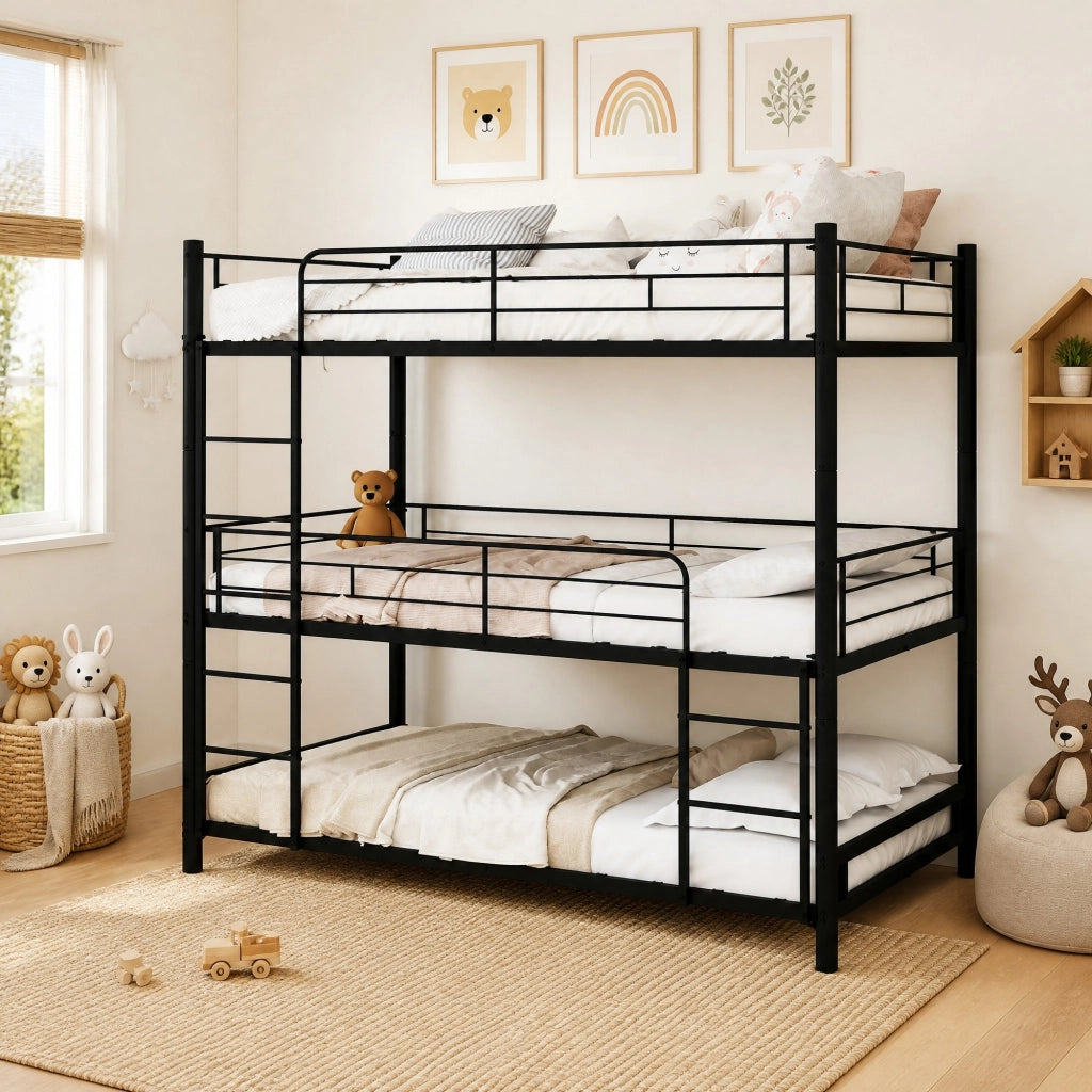 LETTO a Castello Triplo in Metallo Nero con Scale Integrate