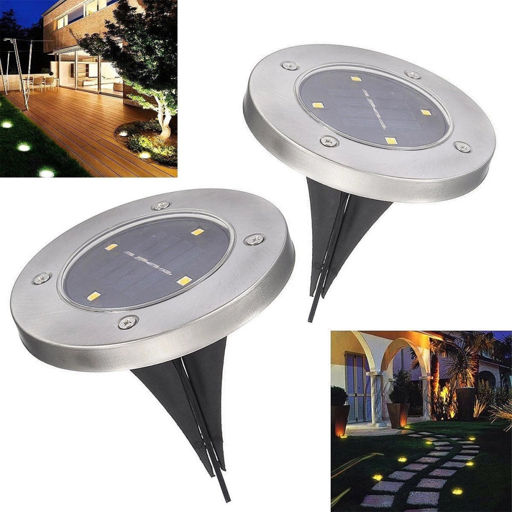 Trade Shop - 2 X Lampada Luce Led Solare Disk Lights Esterno Giardino Waterproof Segna Passo -