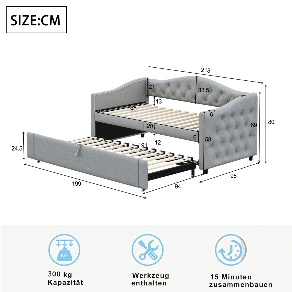Letto divano 90 × 200 cm con porta USB, letto estraibile, senza materasso, in tessuto effetto lino, grigio