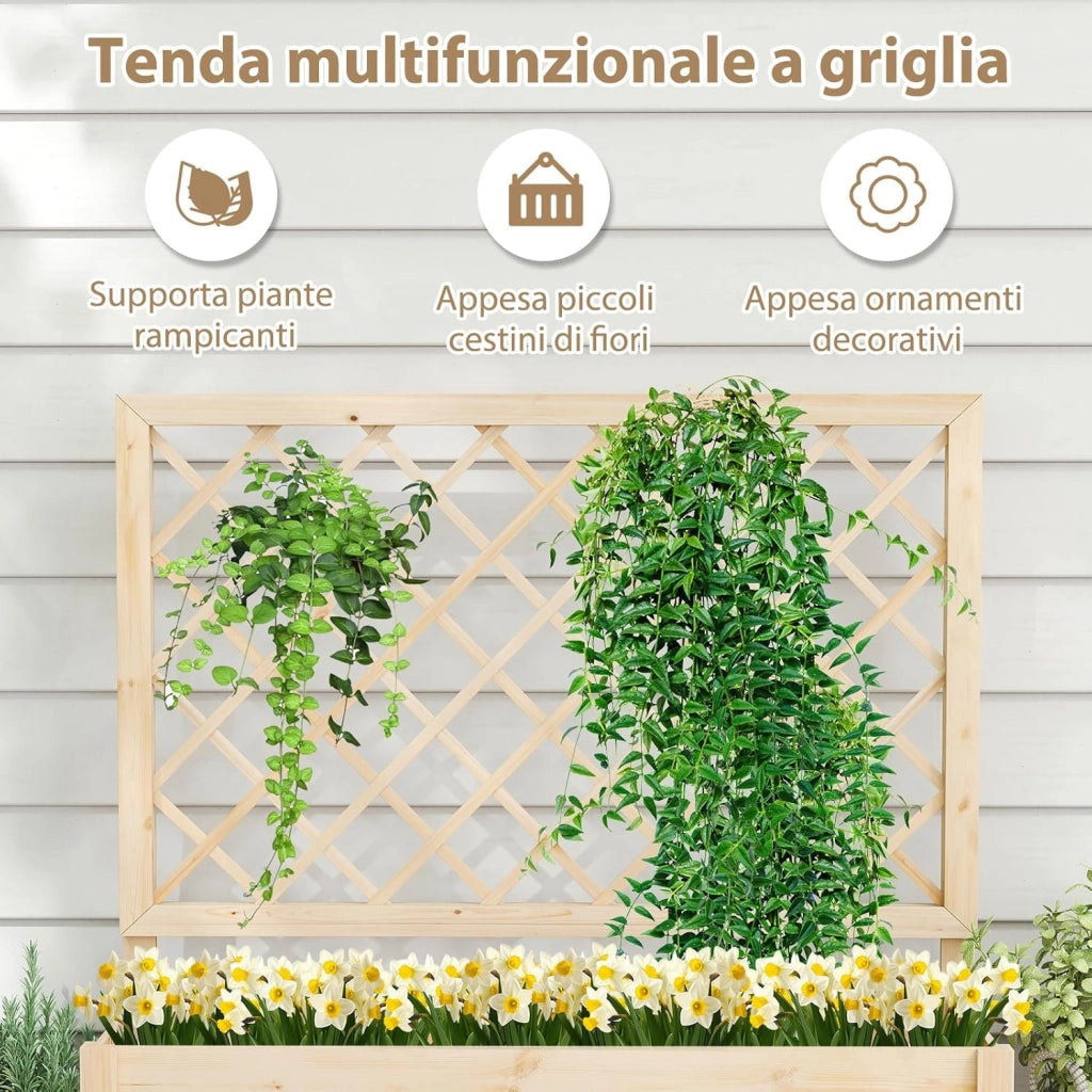 Fioriera con Traliccio, Letto da Giardino Rialzato con Grigliato e Fori di Drenaggio, Aiuola Elevata in Legno per Piante Rampicanti da Interno ed Esterno (98 x 35 x 101 cm)