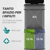 Pattumiera 72L a 3 Scomparti con Sensore Infrarossi e Apertura Automatica, in Acciaio e ABS, 42x30x81 cm