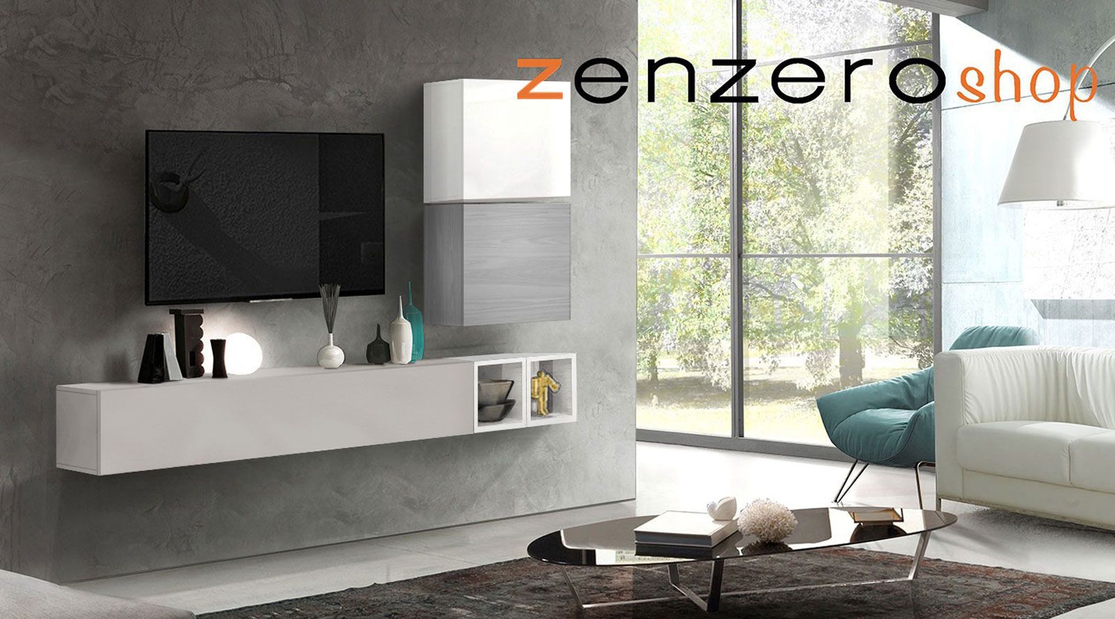 Soggiorno Zenzero, parete attrezzata moderna con pensili in finitura Bianco lucido, Gesso e Grigio Artico, ZLCAINFSOGBNS