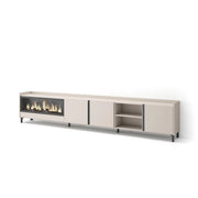 Mobile TV Soggiorno, 315x61x35 cm, Per TV fino a 80", Camino elettrico XXL, Design industriale, Beige