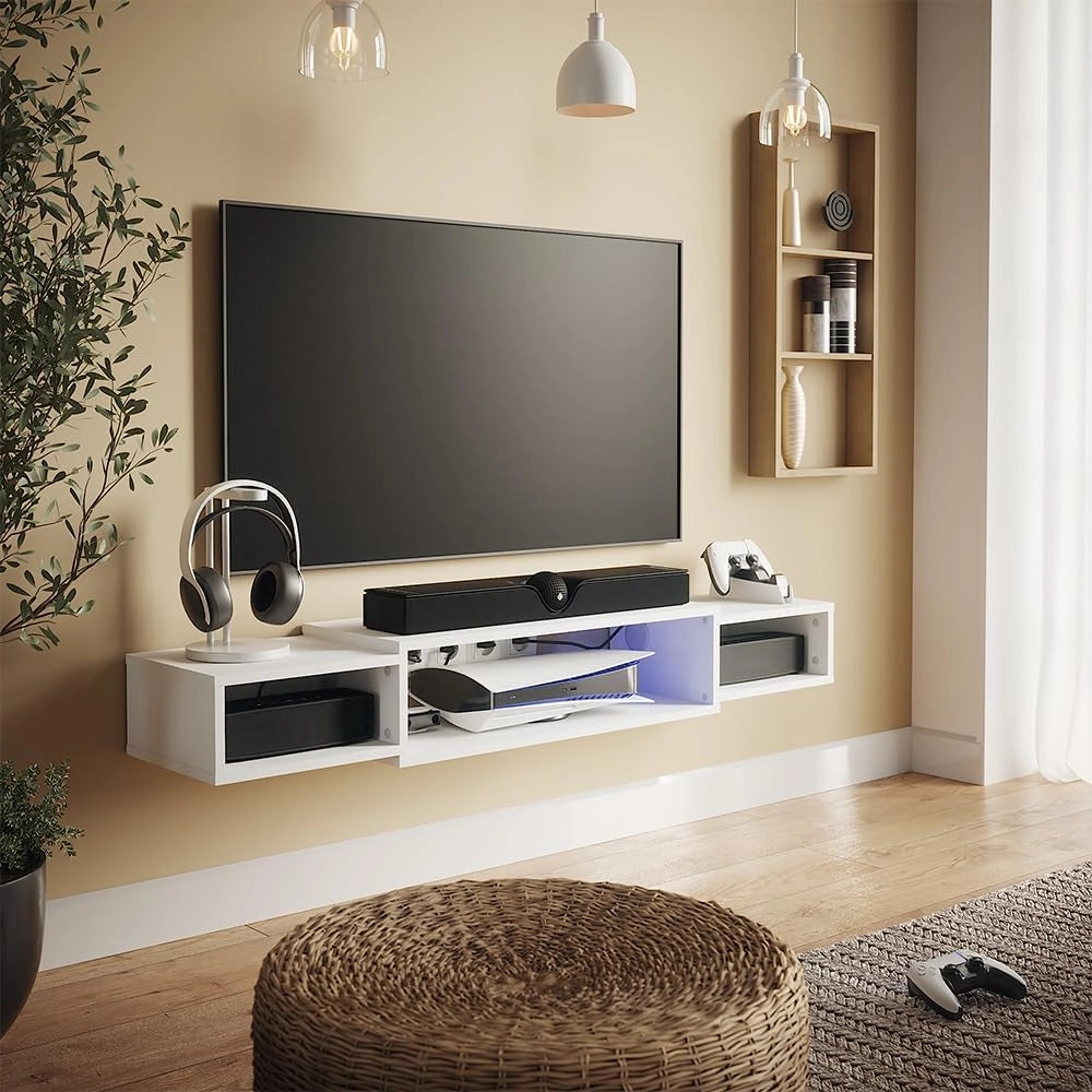 Mobile tv Nordic, Bianco, 139.7 x 20.3 cm con ripiani aperti, adatto al montaggio a parete per una configurazione flessibile degli spazi
