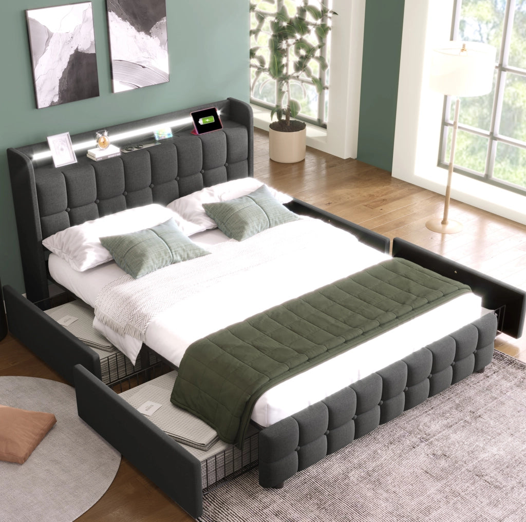 Letto matrimoniale imbottito ULEVR 140x200 cm con 4 cassetti, LED, prese e USB, grigio