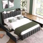 Letto matrimoniale imbottito ULEVR 140x200 cm con 4 cassetti, LED, prese e USB, grigio