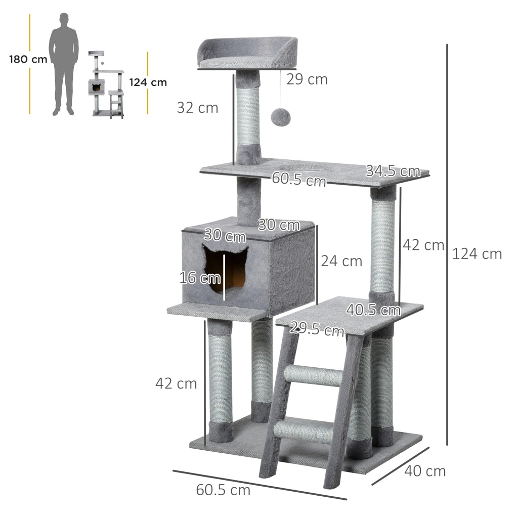 Tiragraffi per Gatti Multilivello con Casetta e Piattaforme ¨C Zephmum ¨C Grigio, Corda di Juta, 61x40x124