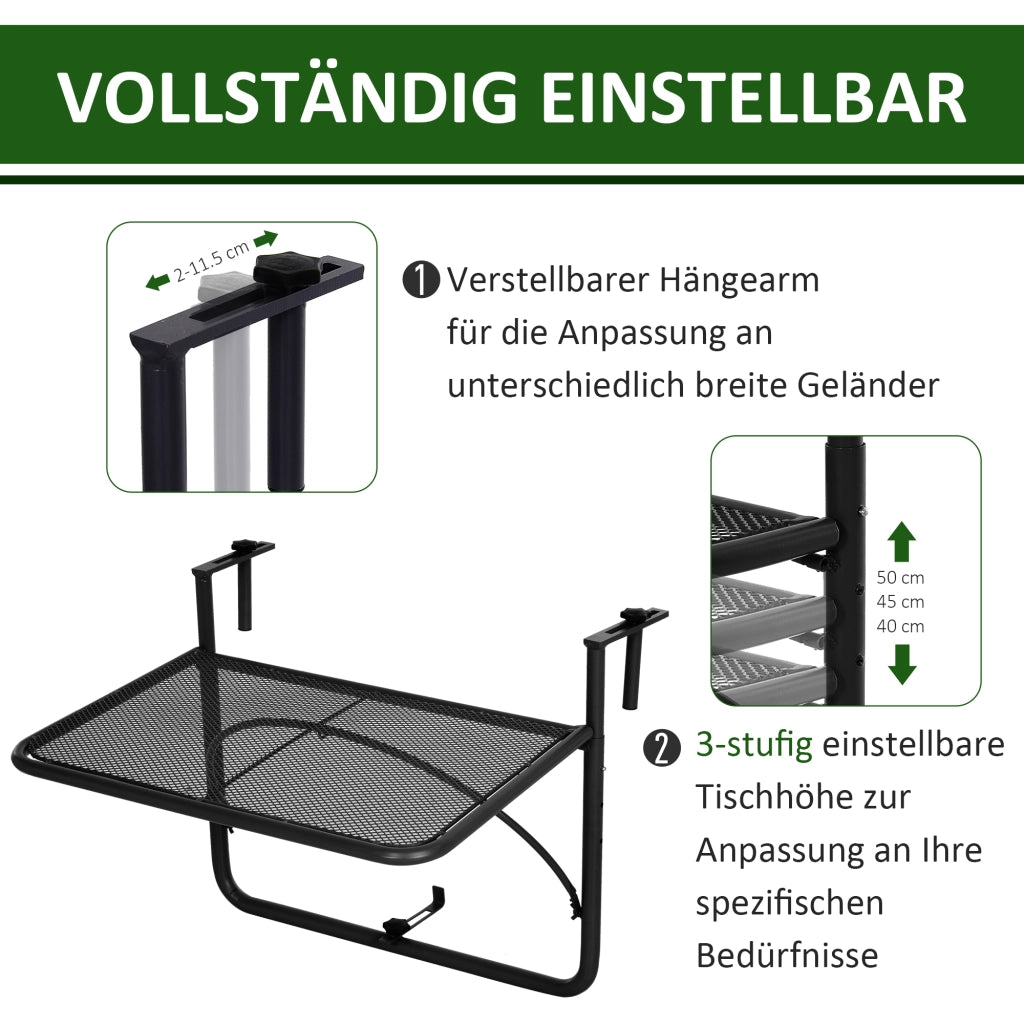 Tavolo sospeso per balcone; altezza regolabile; metallo quadrato nero 60x56.5x45cm; ideale per balcone e terrazza