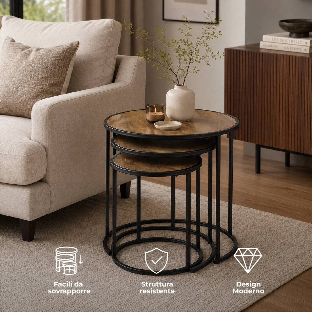 Set 3 Tavolini da Salotto Rotondi Impilabili, Tavolini Bassi Salvaspazio con Piano Effetto Legno Marrone e Struttura in Metallo Nero, Design Moderno Industriale