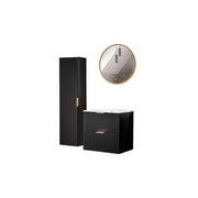 Mobile sottolavabo NOXERA 60 cm – Nero opaco – Lavabo incassato + sifone + specchio LED + colonna sospesa