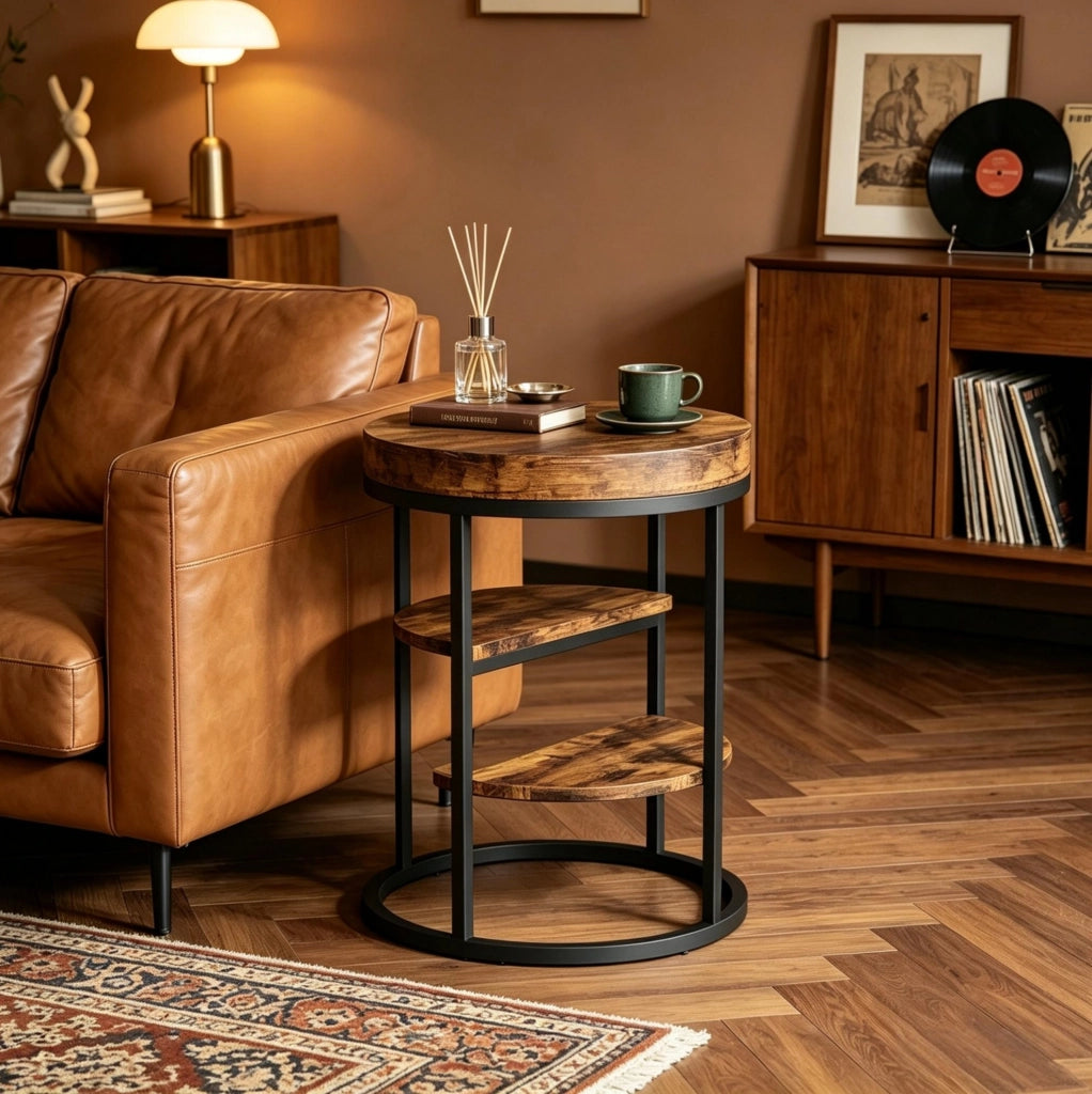 Tavolino laterale rotondo Ø 50 cm in metallo e legno marrone rustico