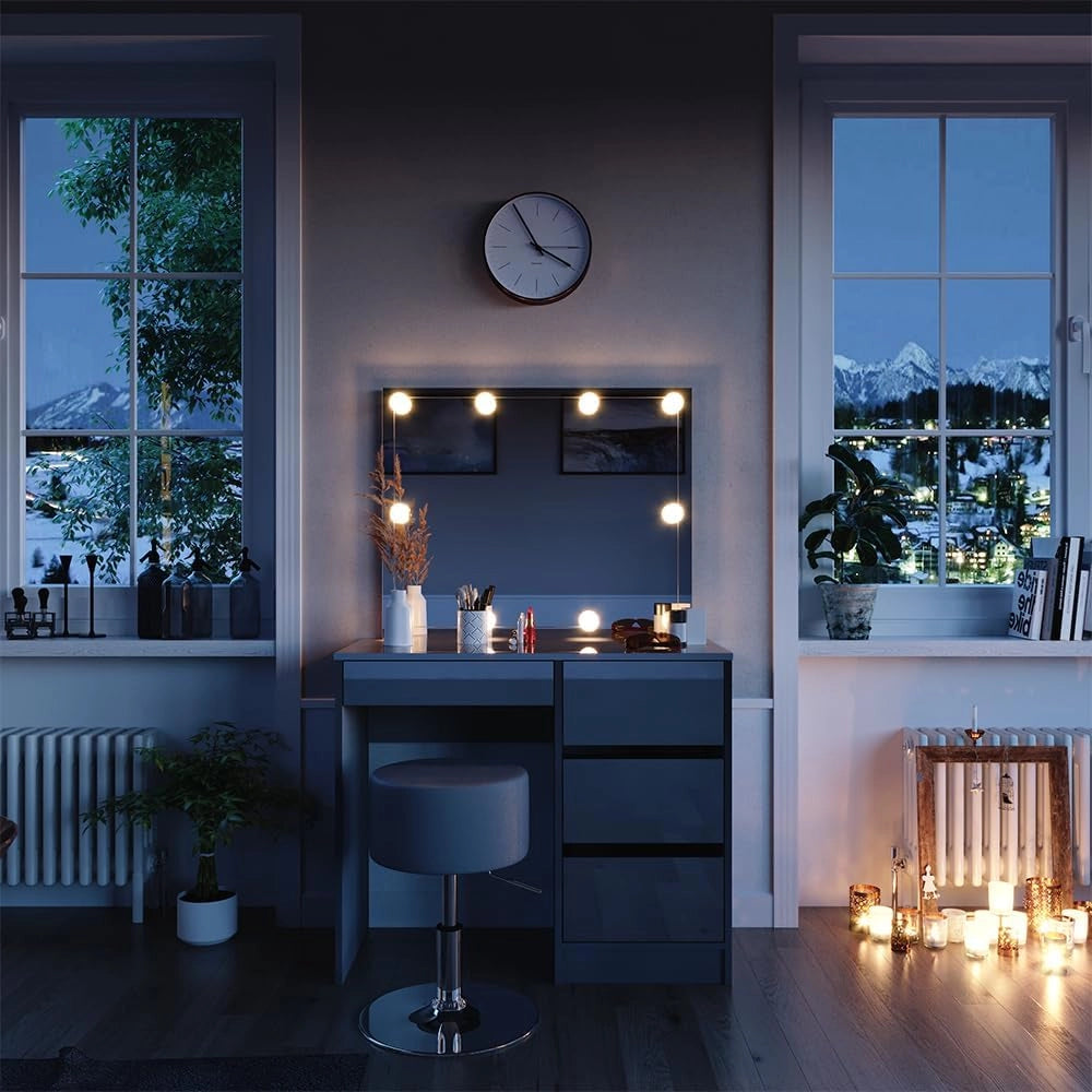 Tavolo da toeletta Sherry, Grigio, 90 cm con illuminazione a LED e sgabello, con illuminazione a LED e panca imbottita