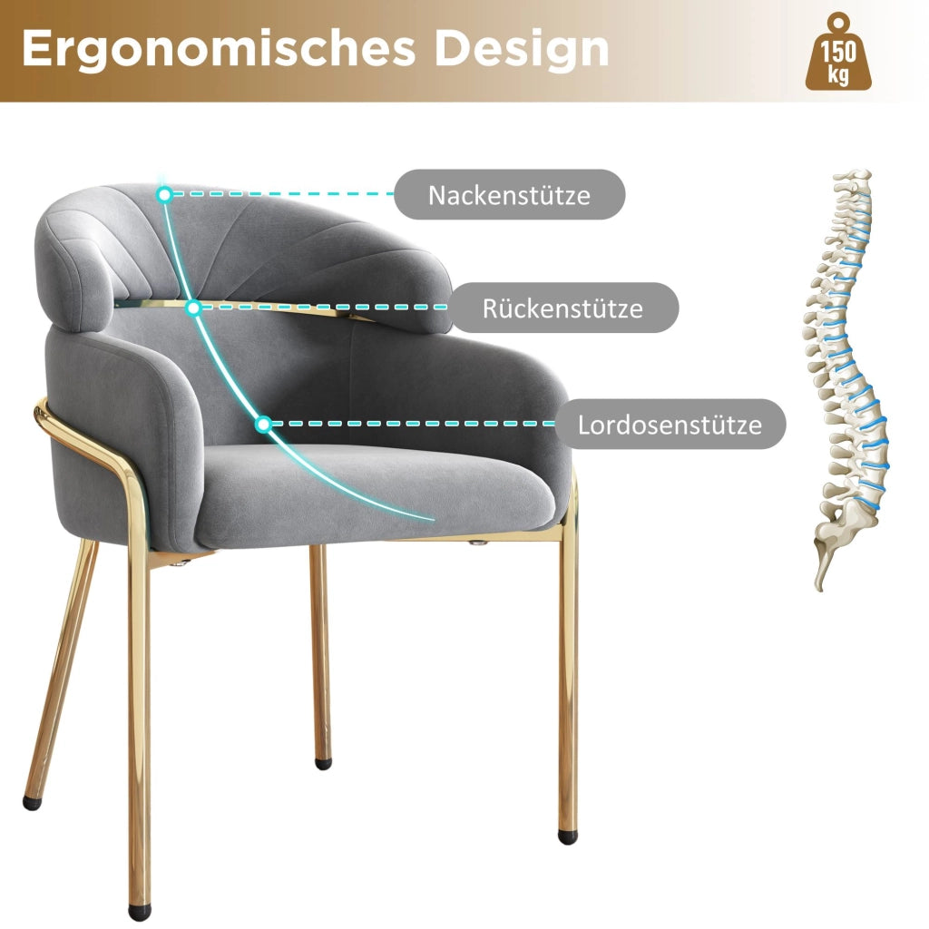 Chaise de salle à manger in velluto con quattro gambe in metallo, seduta ergonomica, grigio, 59.69 × 59.69 × 55.88 cm