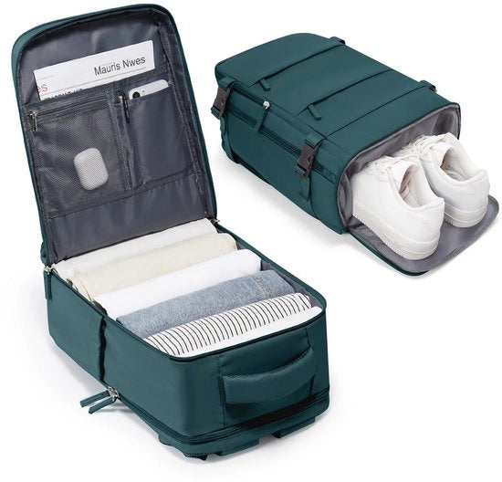 Valigetta a mano per viaggiatori di aereo 40x20x25 cm per donna e uomo con tasca per scarpe, impermeabile con tasca per laptop 14 pollici, colore blu pavone.