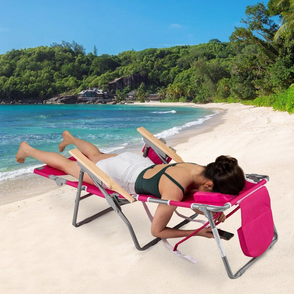 Sedia da spiaggia reclinabile con foro per il viso, sdraio pieghevole con schienale regolabile in 4 posizioni e poggiapiedi a 2 posizioni, lettino da giardino esterno, bagno di sole (rosso)