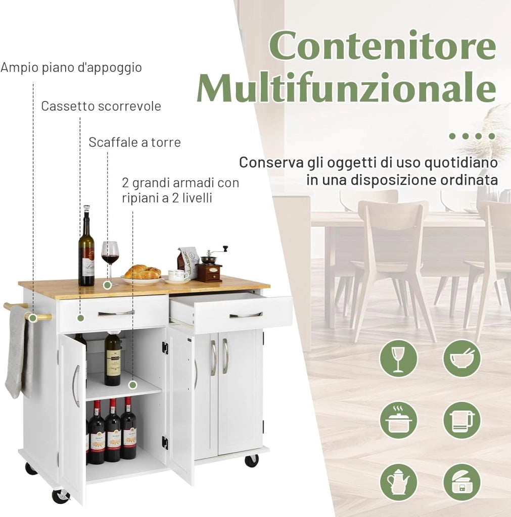 Carrello da Cucina con Cassetti, Isola Cucina con Piano in Legno di Gomma, con 4 Ante Ripiani Regolabili e Porta Asciugamani, per Cucina Bar Ristorante, 122x48x93 cm (Bianco)