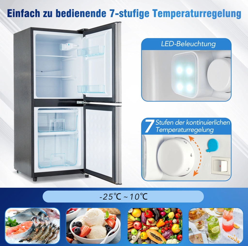 Frigorifero con congelatore 106 L; LED; 7 livelli; acciaio inox; nero e argento