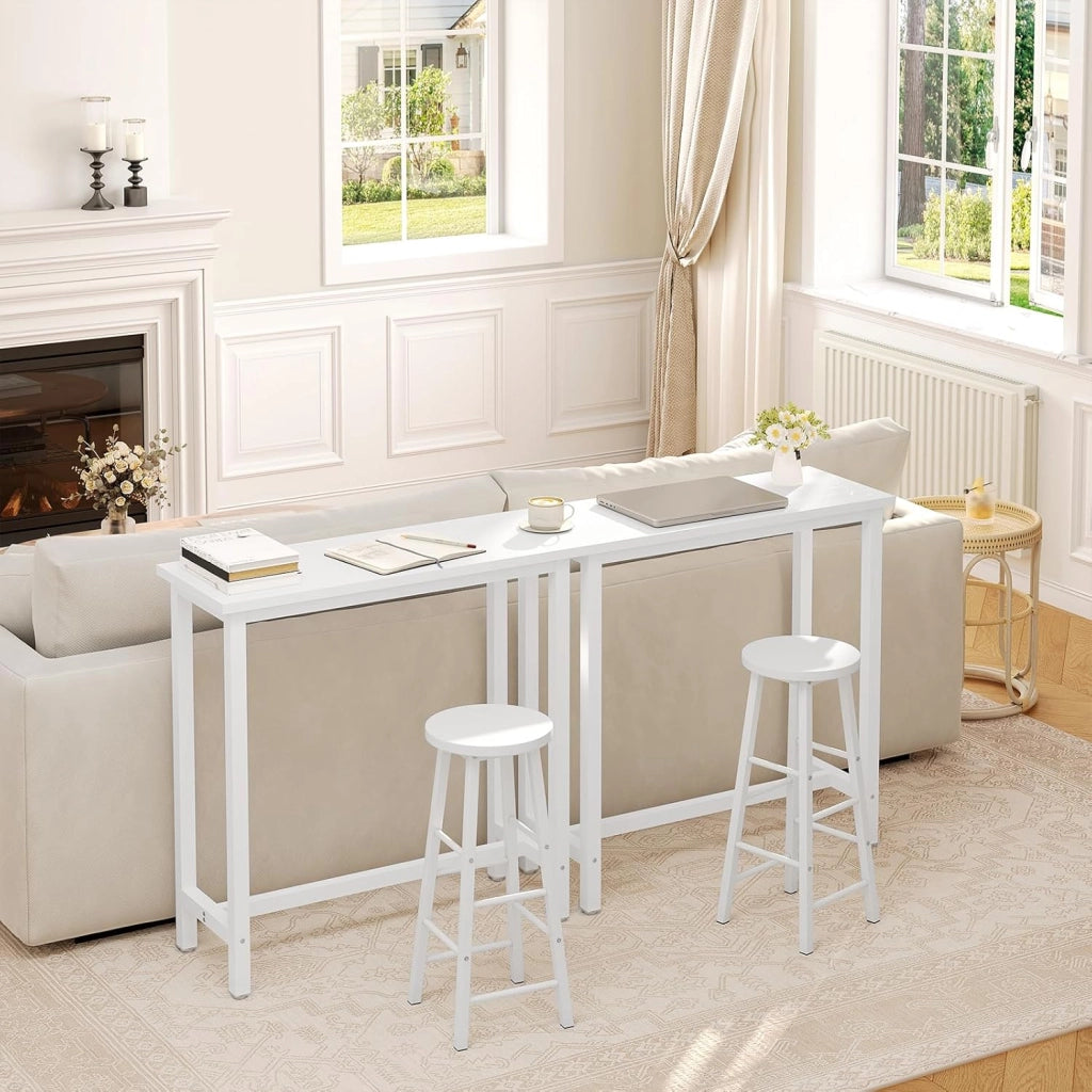 Tavolo Alto con 2 Sgabelli, Set Pranzo per Cucina, Sala da Pranzo, Isola da Cucina, Sgabelli Rotondi, Struttura in Metallo, Design Industriale, Bianco
