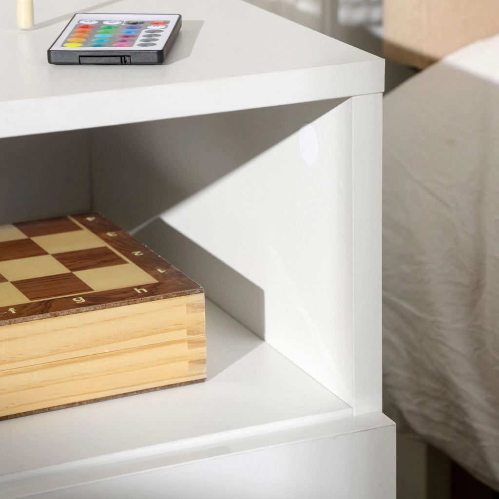 Easycomfort Comodini Moderni con LED, Set 2 Pezzi in Truciolato Bianco con Cassetto e 2 Ripiani Aperti, 40x40x55 cm
