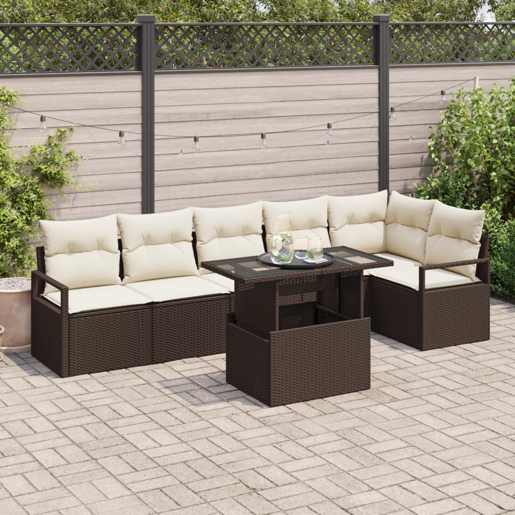 Set Divano da Giardino  7 Pezzi con Cuscini Marrone Rattan Sintetico