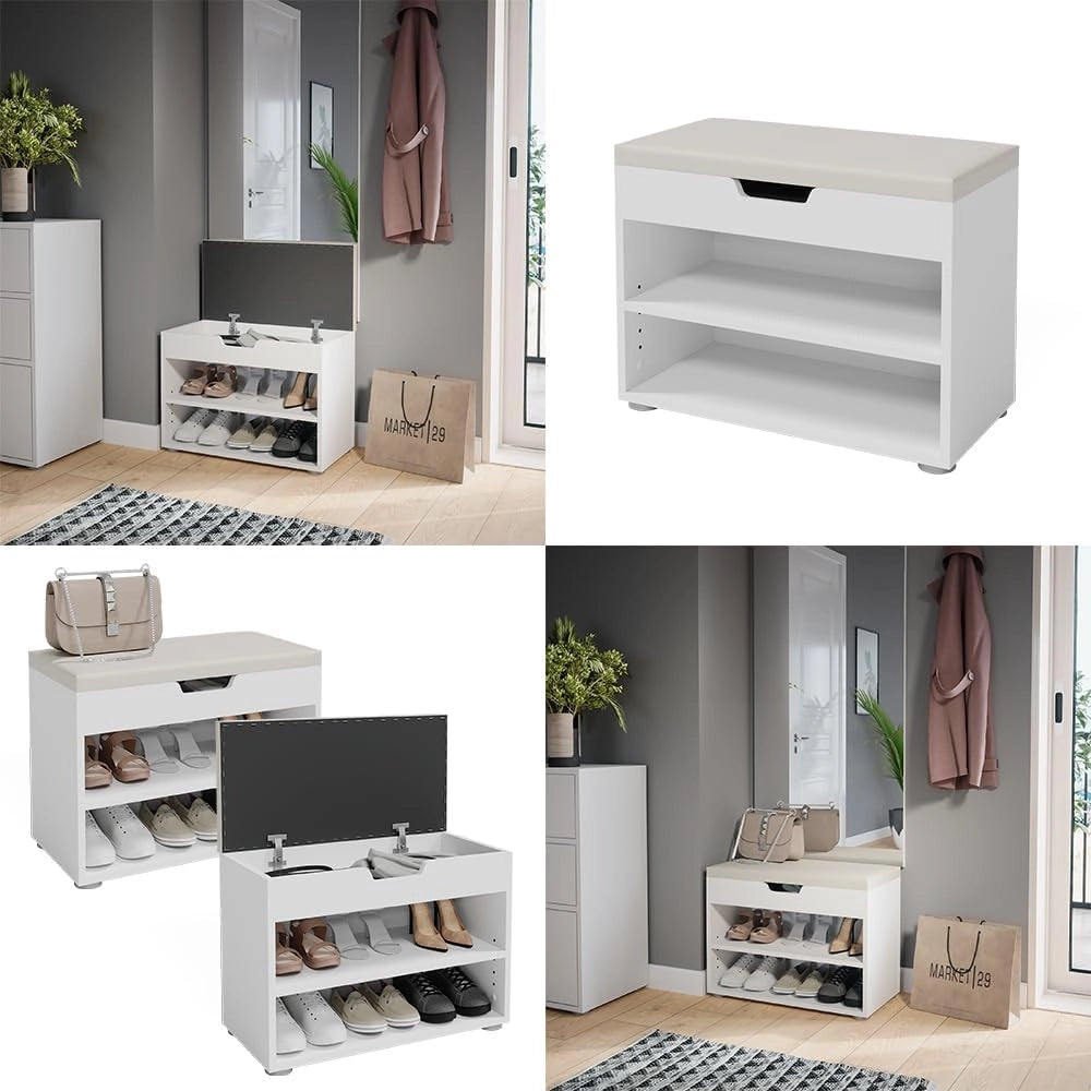 Vicco Panca scarpiera da ingresso Rolfe, Bianco, 60 x 45 cm, per la conservazione delle scarpe e compatibile con i mobili Rolfe