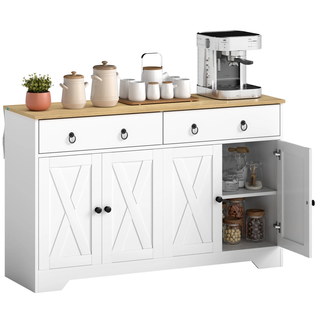 Credenza da Cucina Stile Rustico Bianco Mobile Buffet con 2 Cassetti 2 Ante e Ripiani Regolabili per Casa