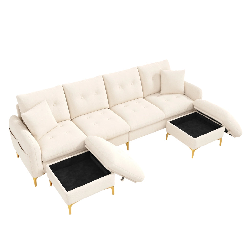 Divano modulare 4 posti con pouf contenitore 263x137x85 cm in ciniglia beige