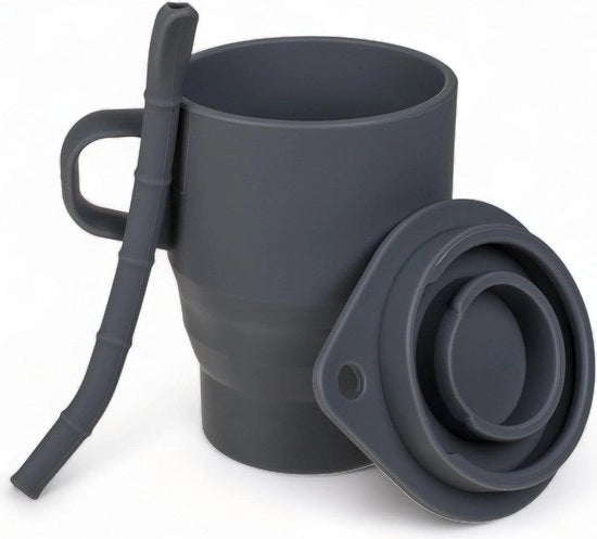 Moka per viaggio in silicone con coperchio e beccuccio - borsa per caffè portatile pieghevole - qualità alimentare riciclabile - 150-280 ml - grigio chiaro