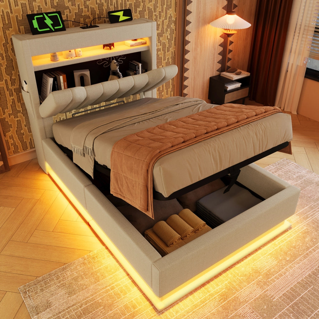 Letto Contenitore 90x200 cm; Letto Singolo - USB; LED e Vano Contenitore - Beige