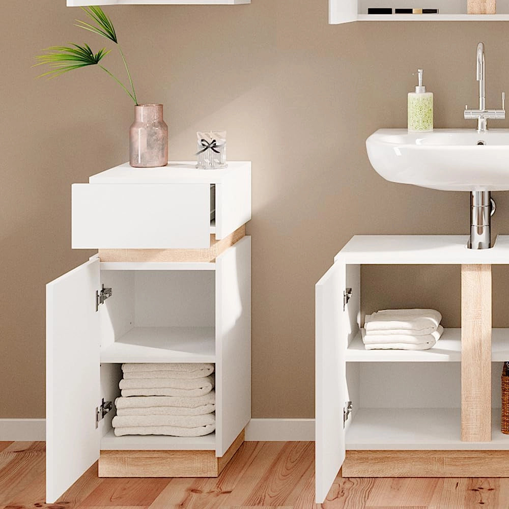 Mobiletto bagno Gloria, Bianco, 33 x 75.5 cm con anta e cassetto, con apertura per sifone e compatibile con la serie Gloria