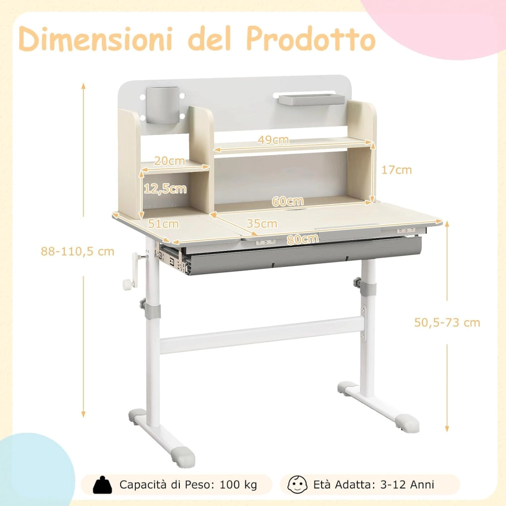 Scrivania per Bambini 3+ Anni Regolabile in Altezza 50-73 cm,Grigio | Scrivania da Studio con Piano Inclinabile 60°, Scrittoio Cameretta con Scaffale, Cassetto, Portapenne e Righello