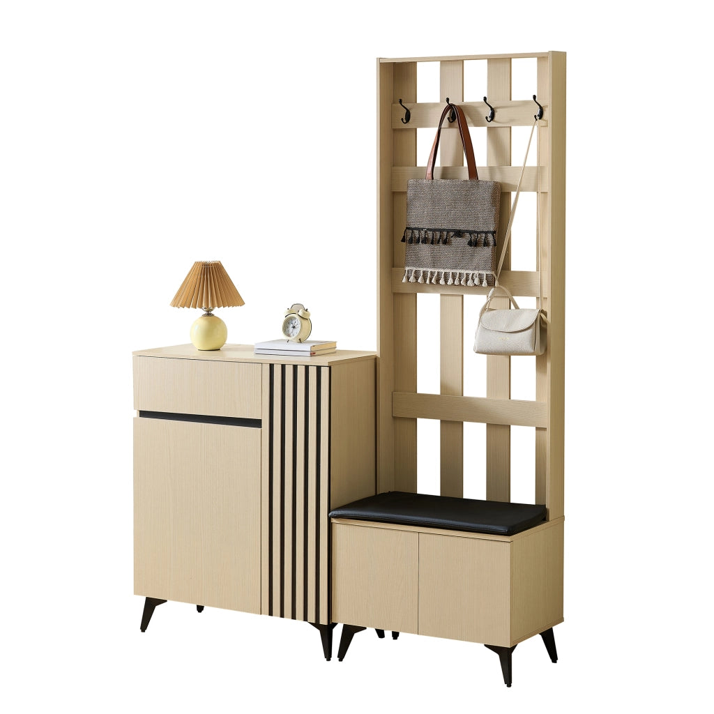Mobili d'ingresso con panca; 4 ganci; 2 ante; 1 cassetto e ripiani regolabili; per ingresso e camera; legno; MDF