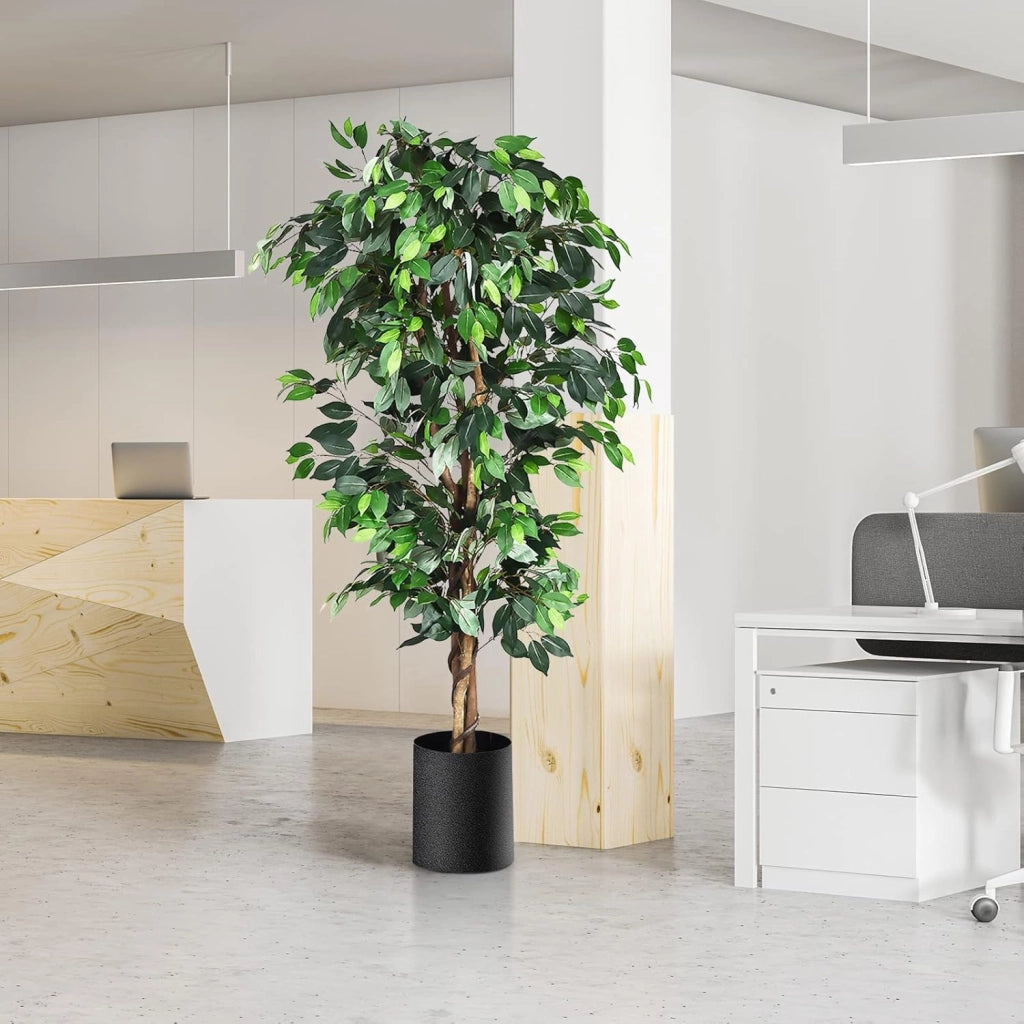 Albero Artificiale Fico di Betulla 180 cm, Pianta Verde con Vaso in Cemento e 1008 Foglie, Decorazione d’Interno per Casa ed Ufficio