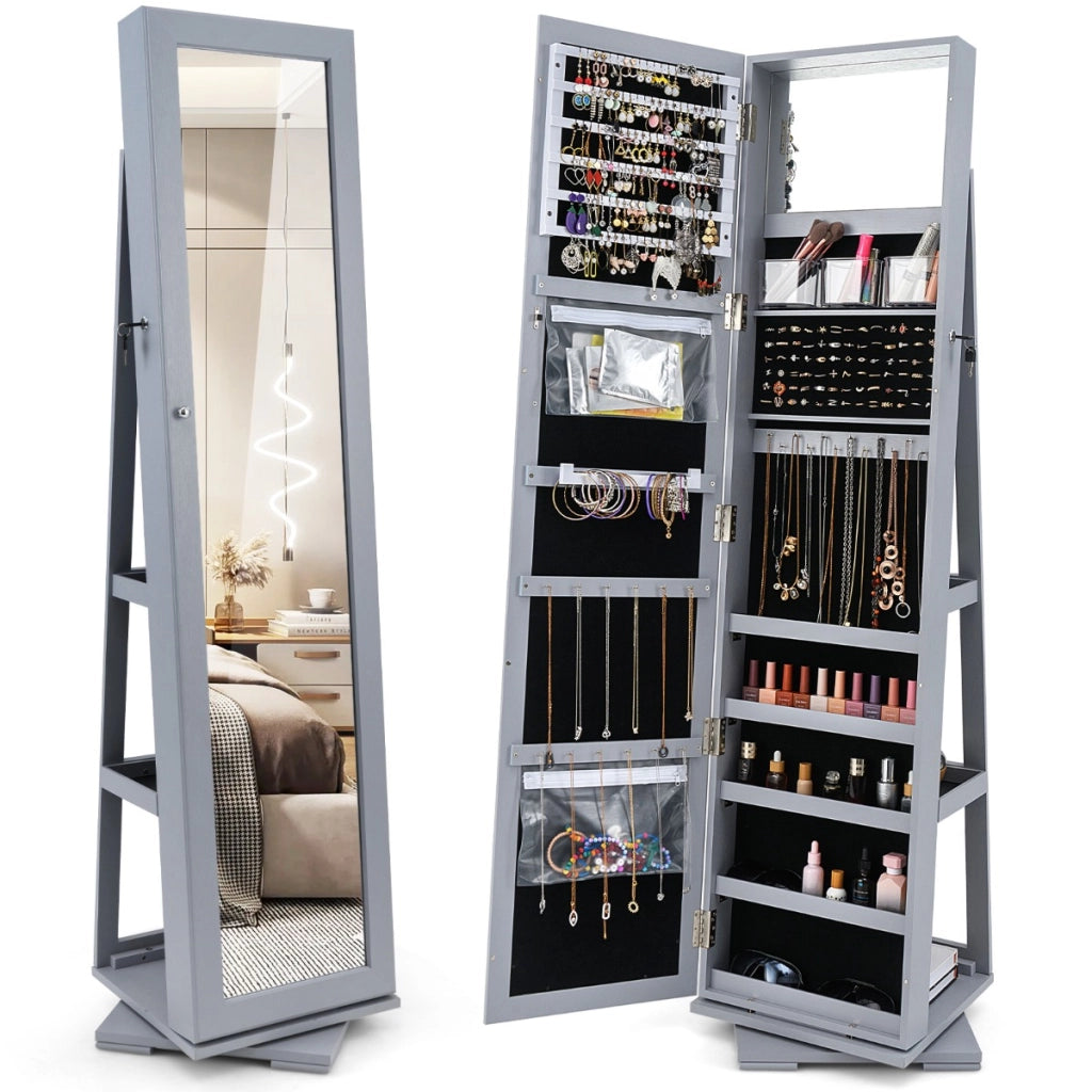 Armadio portagioielli girevole a 360¡ã con specchio, Organizer gioielli 2 in 1 a figura intera Grigio chiaro-Armadietti per gioielli