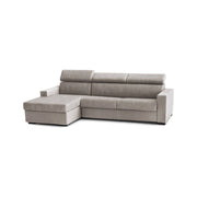 Divano fisso Akela, Divano ad angolo, Made in Italy, SofÒ  Soggiorno con chaise longue, in tessuto imbottito - Penisola contenitore Sinistra, con Braccioli standard, cm 280x95h85, Tortora