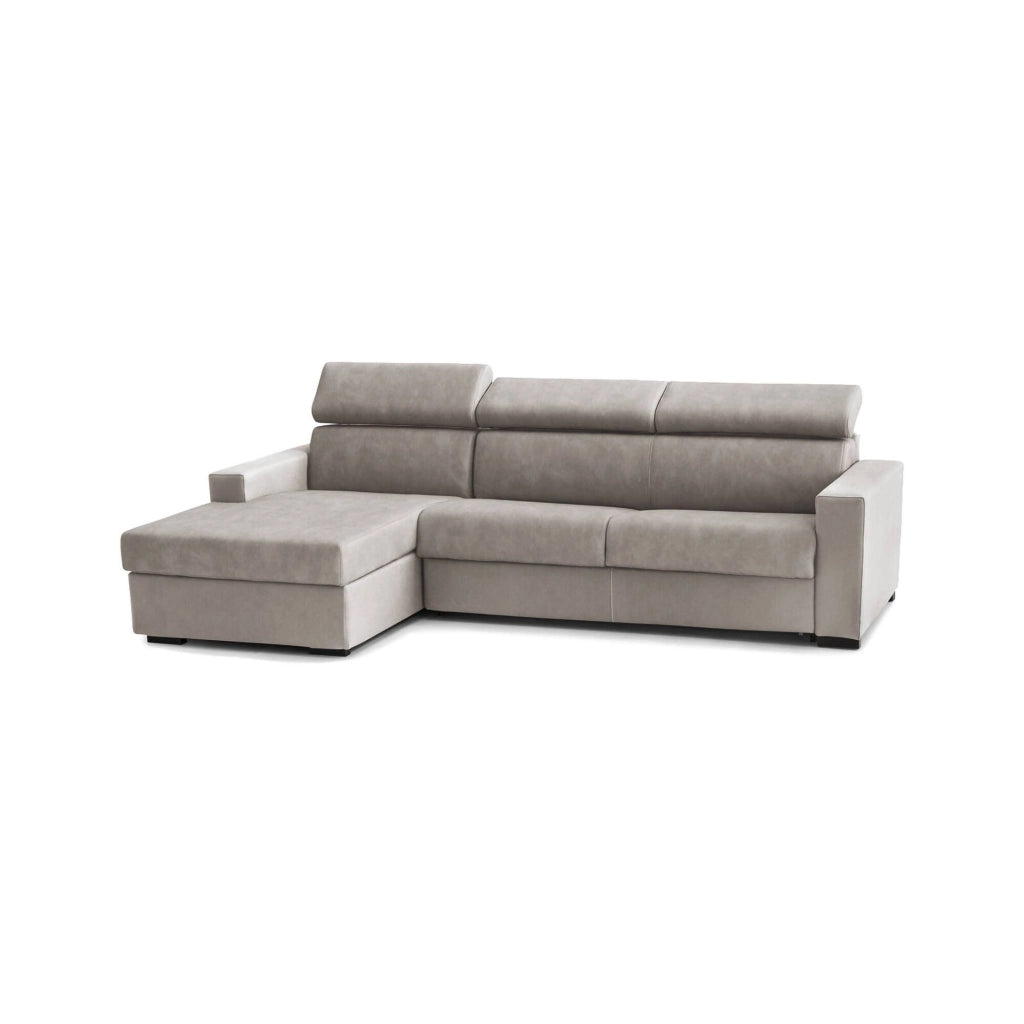 Divano fisso Akela, Divano ad angolo, Made in Italy, SofÒ  Soggiorno con chaise longue, in tessuto imbottito - Penisola contenitore Sinistra, con Braccioli standard, cm 280x95h85, Tortora