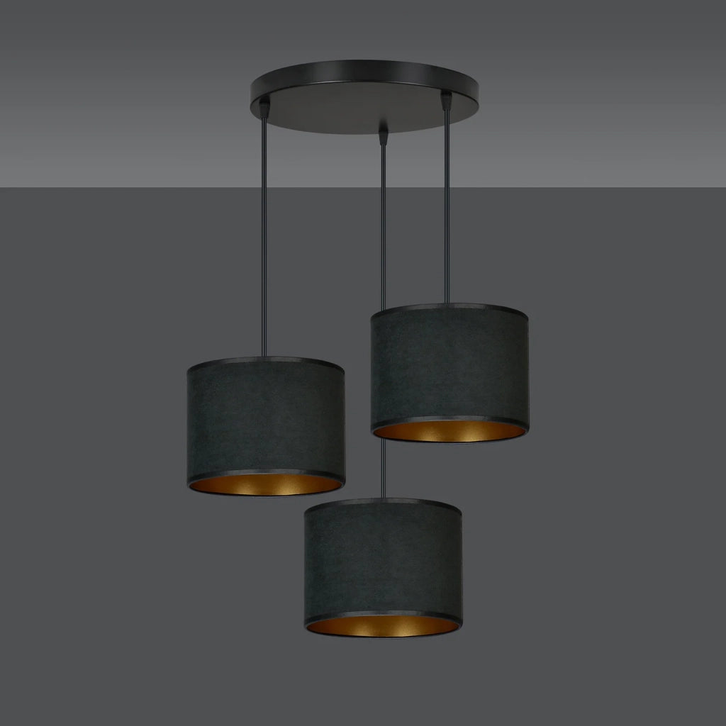 Lampadario Tondo 3 Luci Ganesha In Acciaio Nero E Paralumi In Tessuto Nero