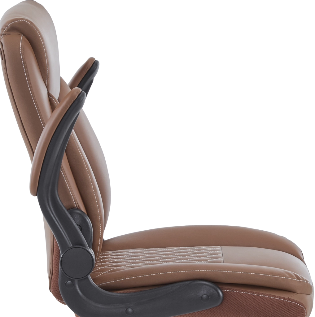 Sedia da ufficio ergonomica con supporto lombare; braccioli ribaltabili e seduta imbottita; marrone