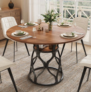 Tavolo da pranzo rotondo 100 x 100 x 75 cm in MDF effetto noce e metallo nero; con ripiano