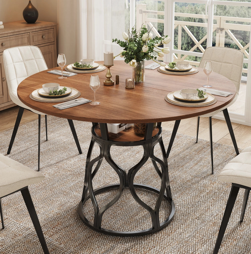 Tavolo da pranzo rotondo 100 x 100 x 75 cm in MDF effetto noce e metallo nero; con ripiano