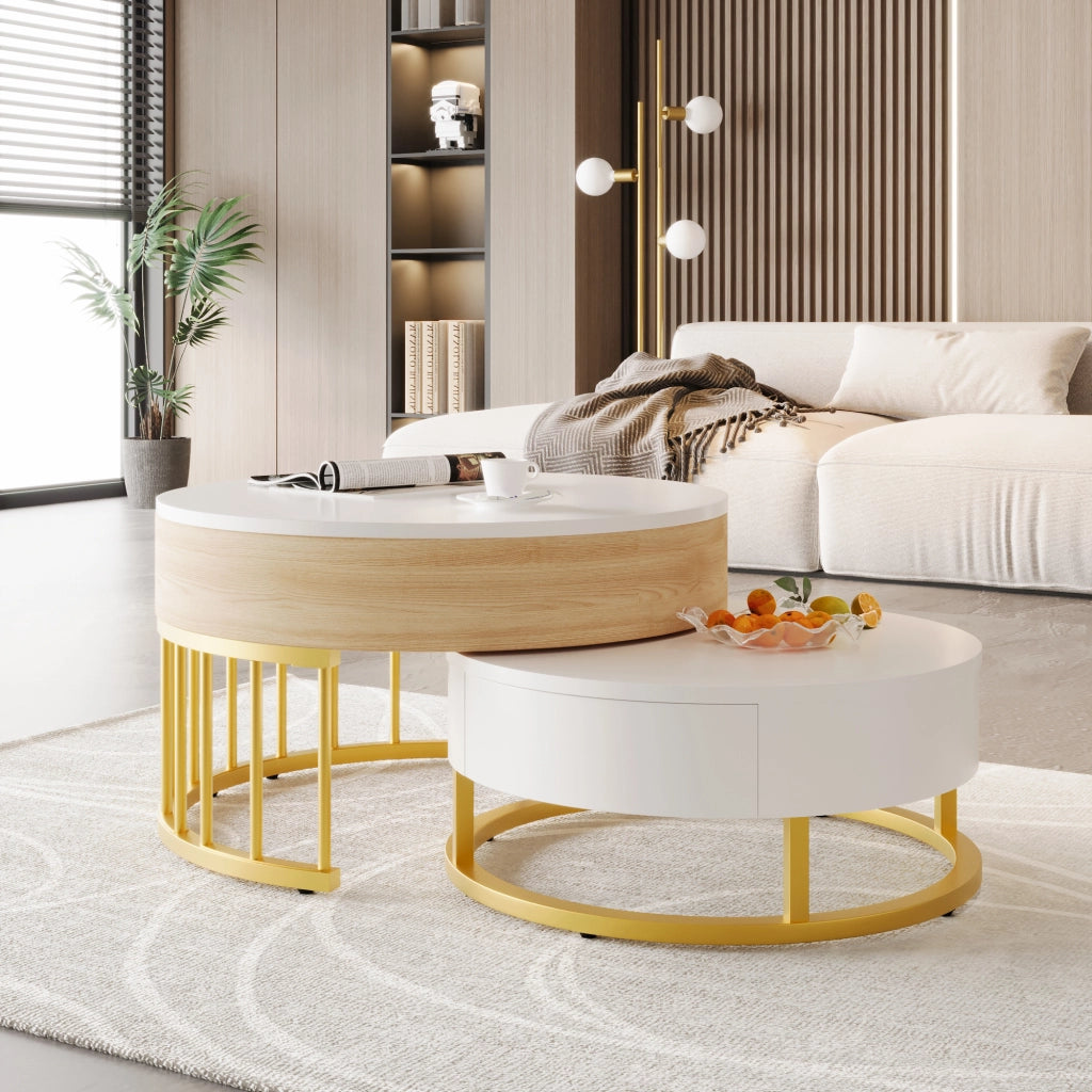 TAVOLINO DA CAFFÈ Set da 2 pezzi rotondo sollevabile 70x70/60x60 cm MDF Bianco/Oro