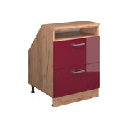 Mobile cucina sottotetto R-Line Rosso lucido/Rovere dorato 60 cm con 2 cassetti, carcassa 60 cm profondità Vicco