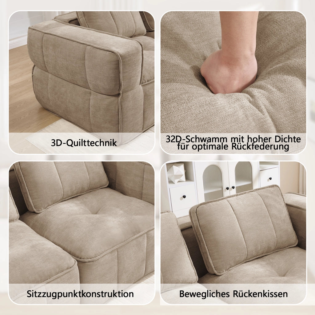 Divano modulare angolare senza struttura a 3 posti con pouf in poliestere sabbia per soggiorno 271 × 162 × 67 cm