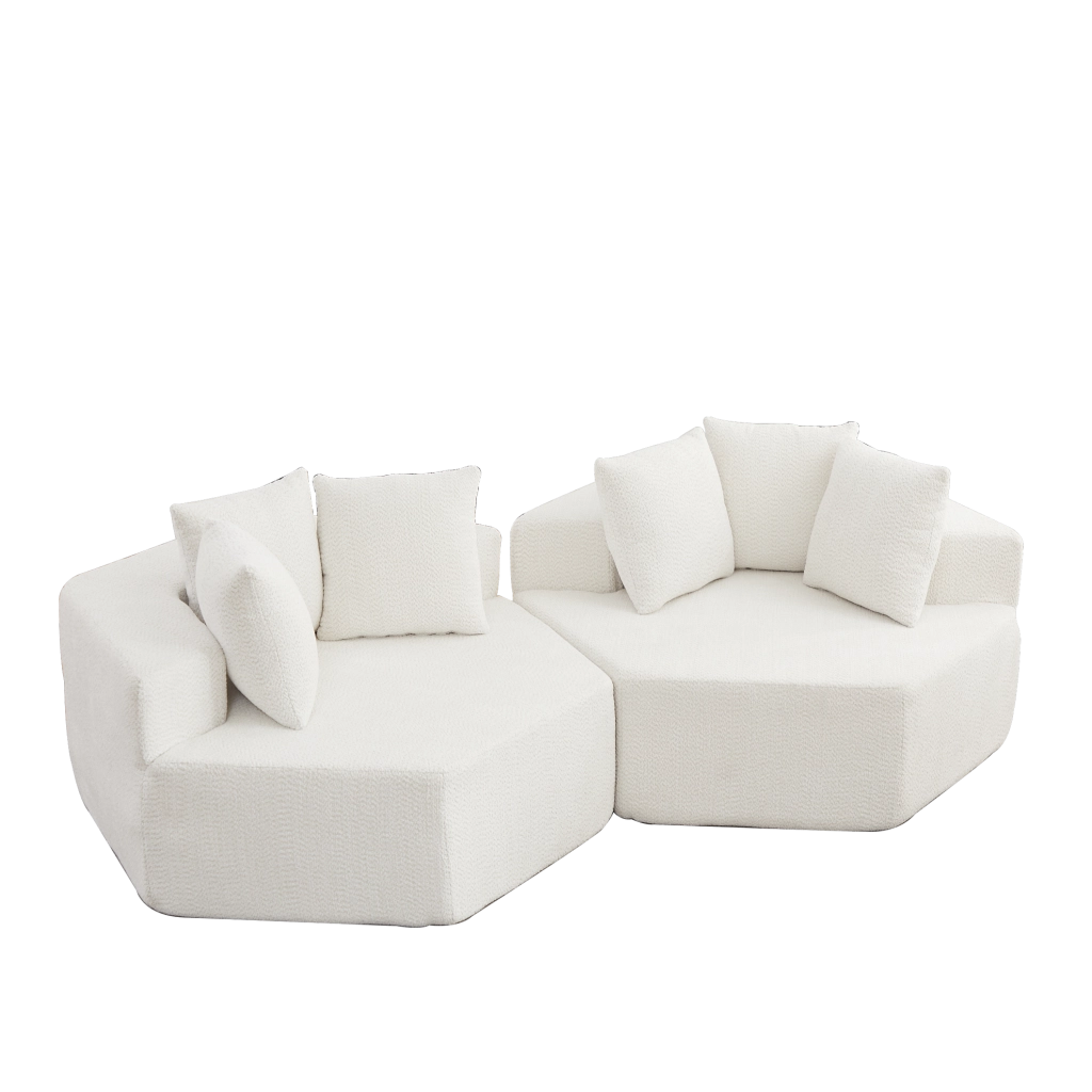 Poltrona lounge modulare esagonale beige in ciniglia con tre cuscini