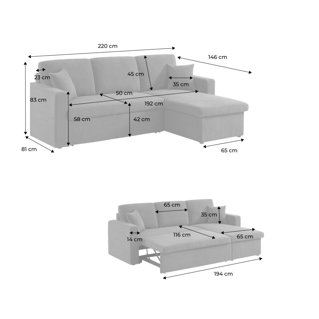 Divano letto angolare reversibile, 3 posti, beige grigio