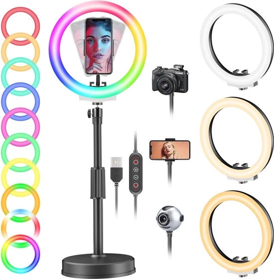 Lampada da Tavolo a LED con Supporto per Telefono - 10 pollici, 29 Modalità di Colore per Livestreaming, Video, Make-up, YouTube, TikTok e Vlog