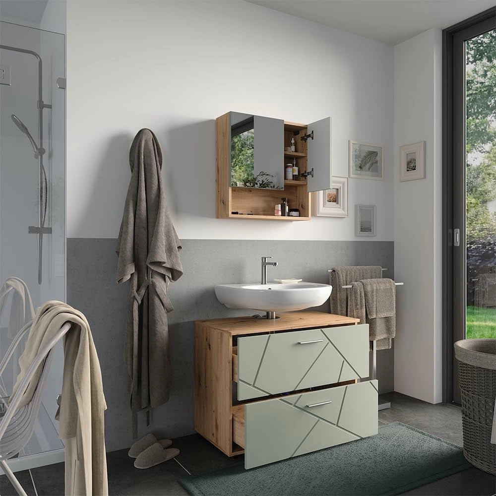 Set di mobili da bagno Irma, Verde salvia, 80 cm, composto da specchio da bagno e mobile sottolavabo